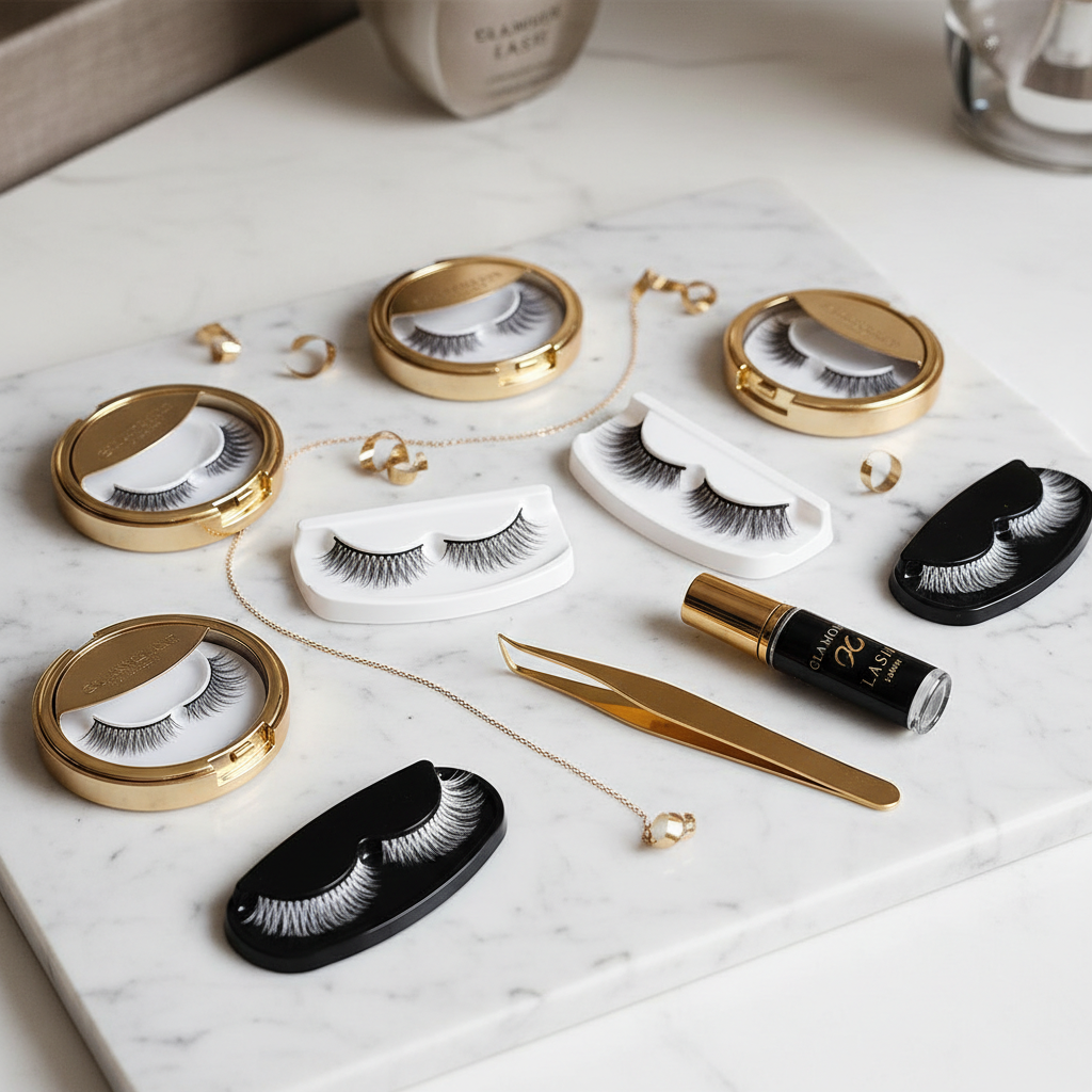 Premium eyelash flatlay on marble