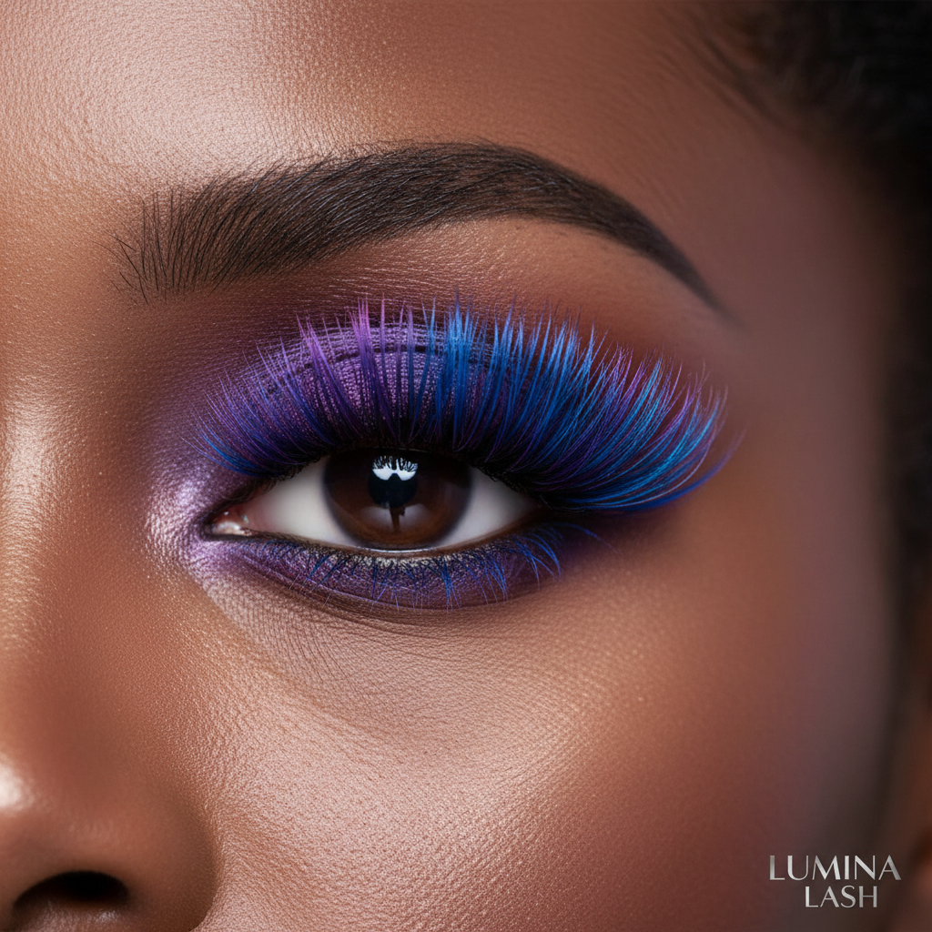 Purple and blue ombre eyelashes on model